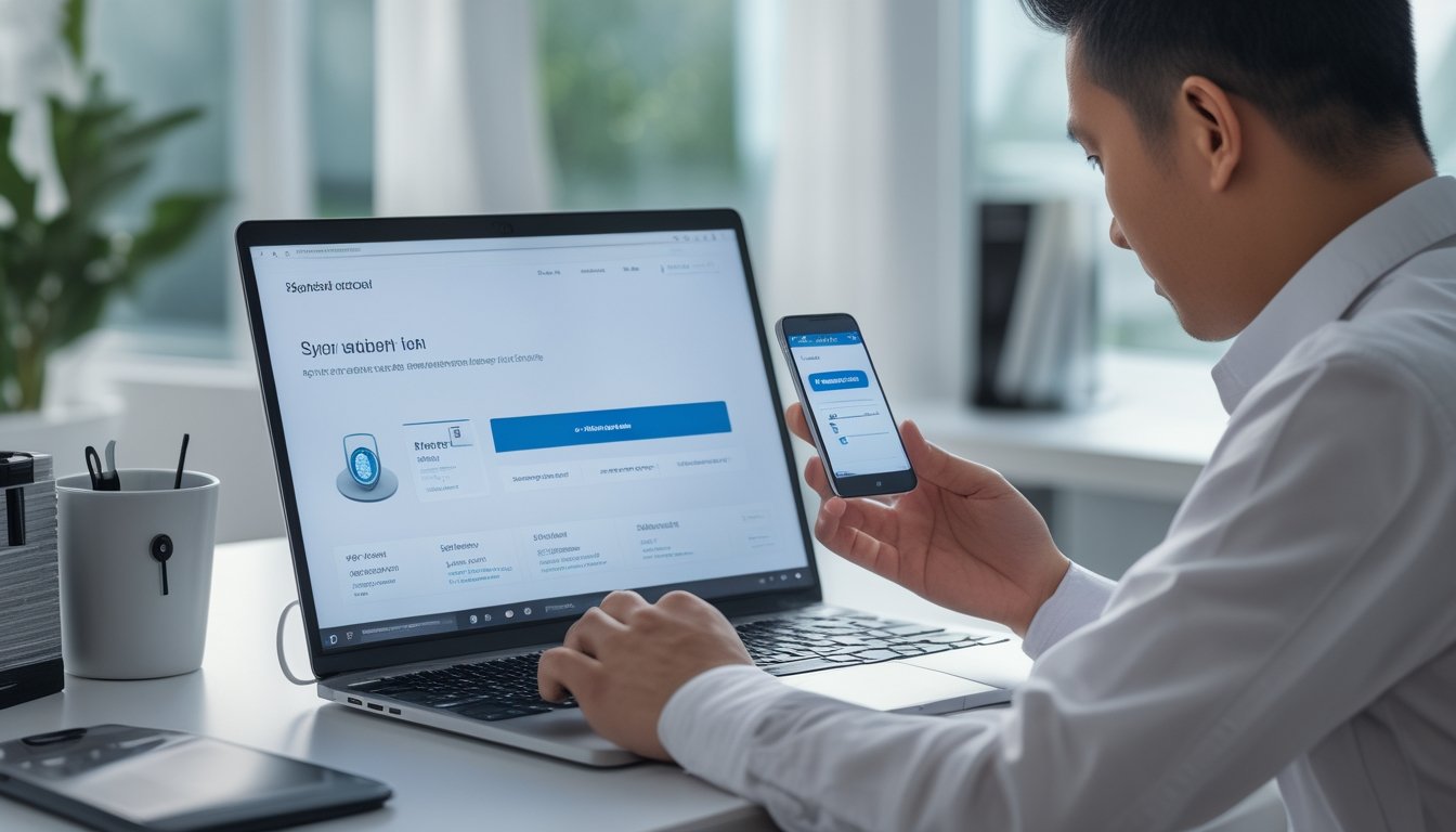 Seorang profesional memeriksa platform di laptop sambil mengamankan akun melalui ponsel.