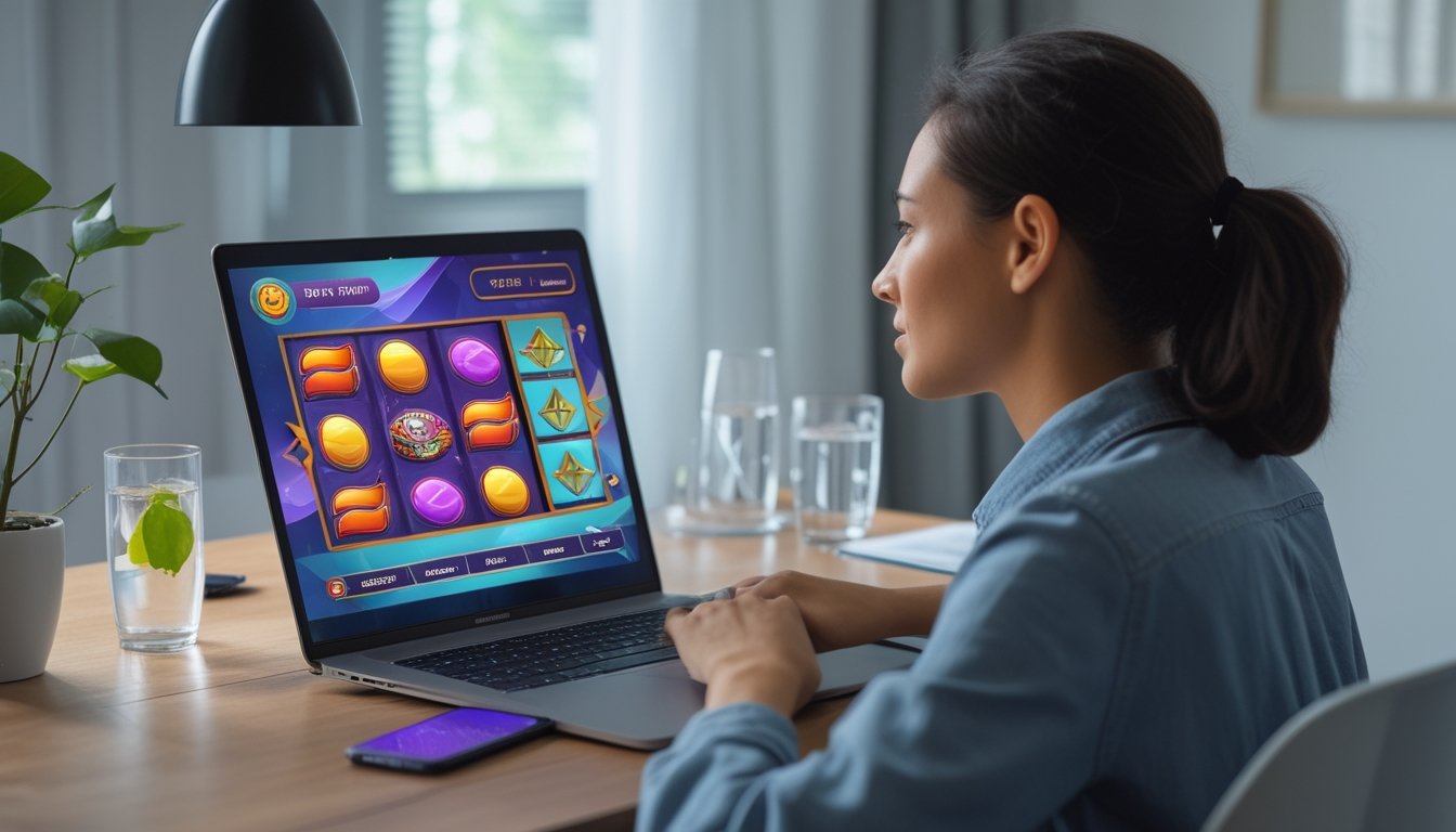 Seseorang menggunakan laptop dengan tampilan permainan slot di meja.