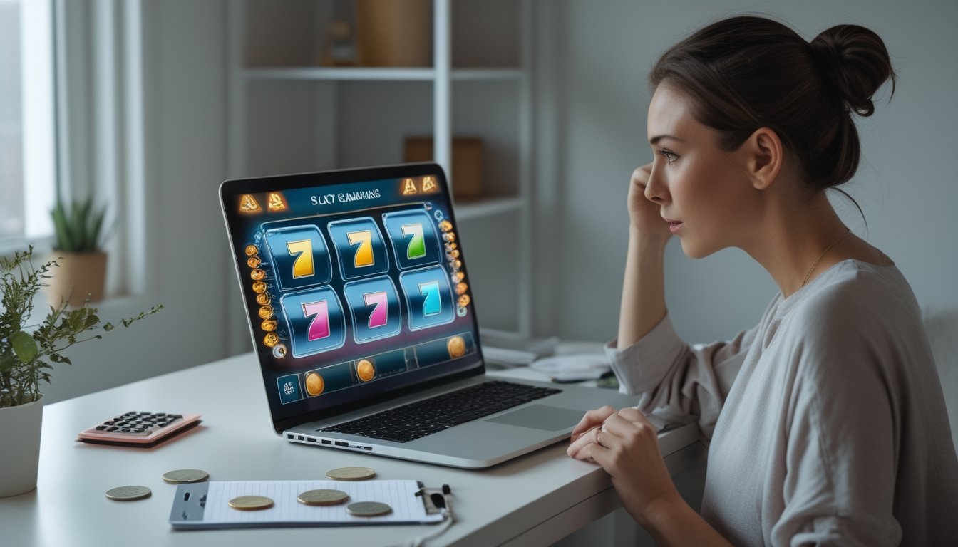 Seorang dewasa meninjau permainan slot di laptop dengan kalkulator dan buku catatan di meja.