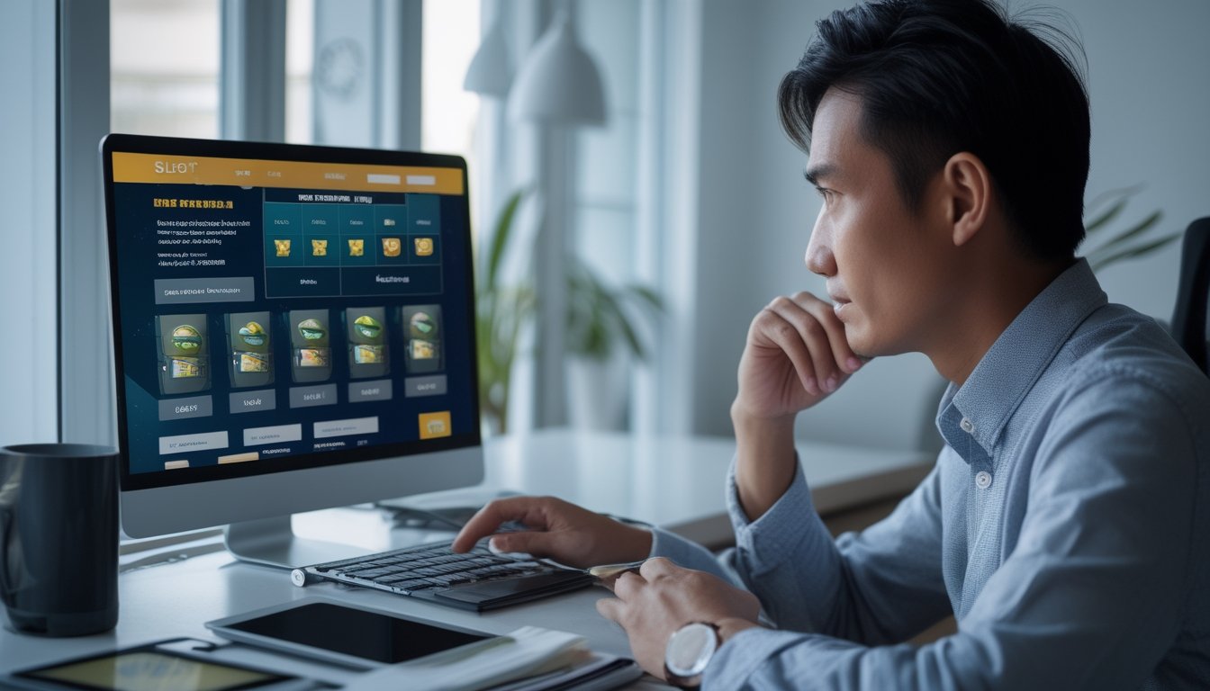 Seseorang memeriksa situs permainan slot di laptop dengan buku catatan di meja.
