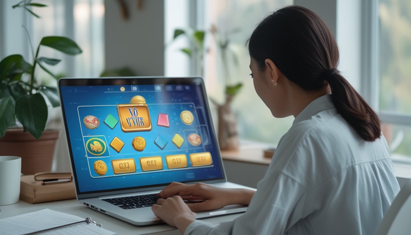 Seorang pengguna dewasa mempelajari permainan slot di laptop sambil mencatat.