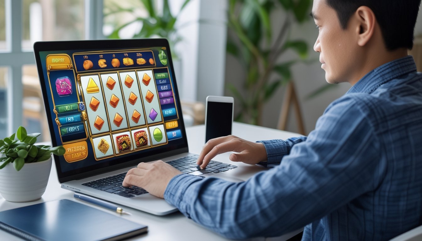 Seorang pengguna mempelajari permainan slot di laptop dengan ponsel dan buku catatan di meja.