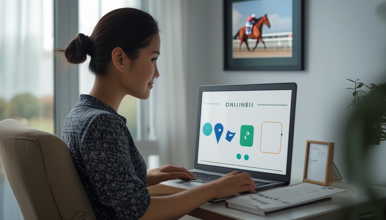 Seorang pemula menggunakan laptop untuk melihat informasi pacuan kuda di meja kerja.