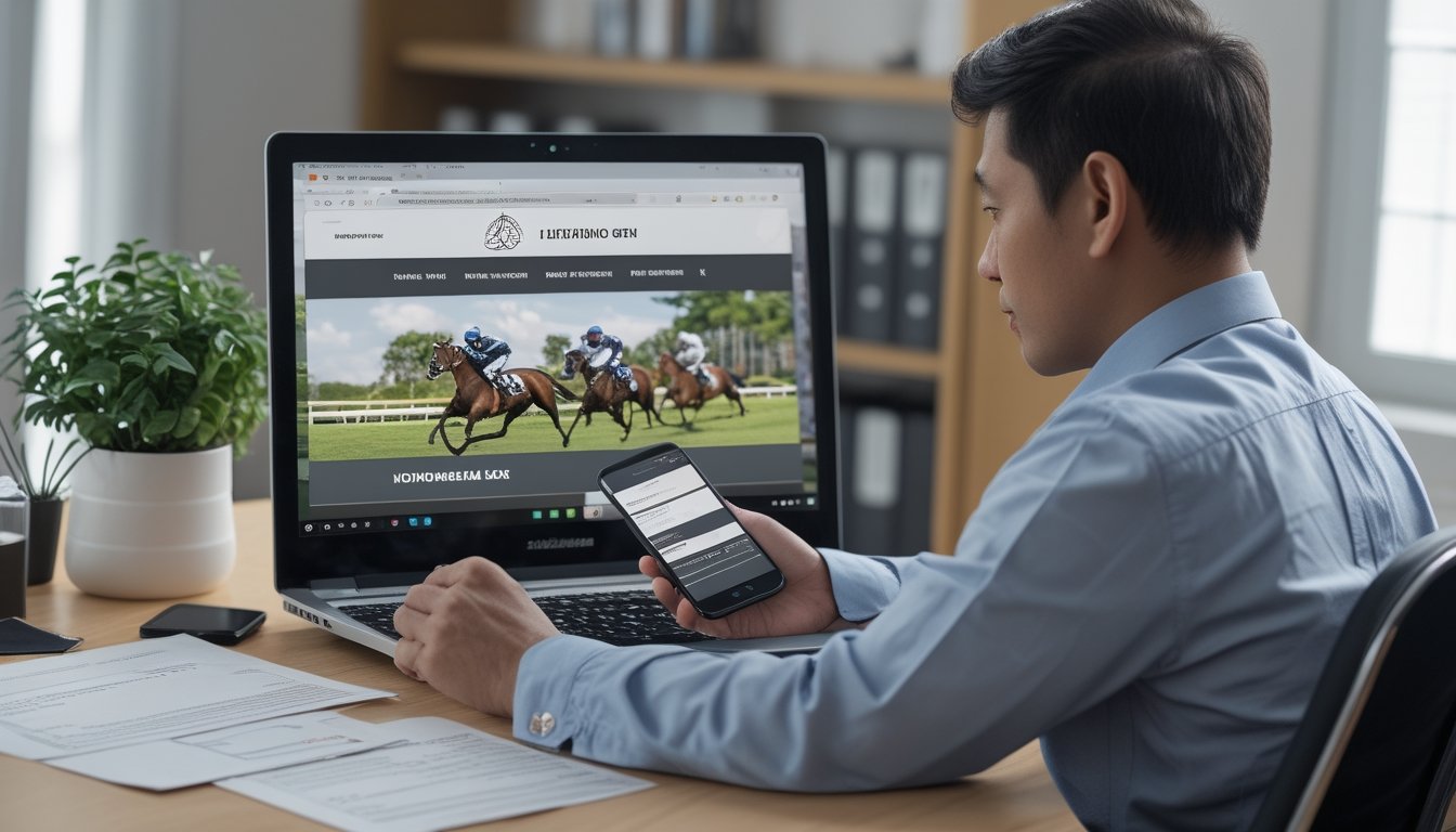 Seseorang memeriksa layanan pacuan kuda online di laptop sambil membandingkannya dengan dokumen dan ponsel.