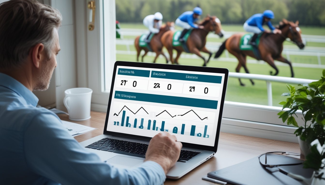 Seseorang mempelajari grafik statistik pacuan kuda di laptop dengan lintasan dan kuda balap terlihat di latar belakang.