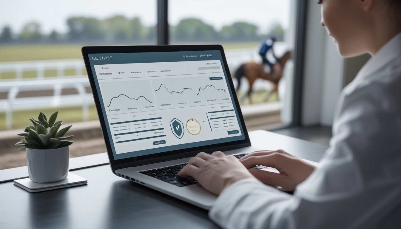 Seseorang memeriksa data kuda dan keamanan platform pacuan kuda melalui laptop.