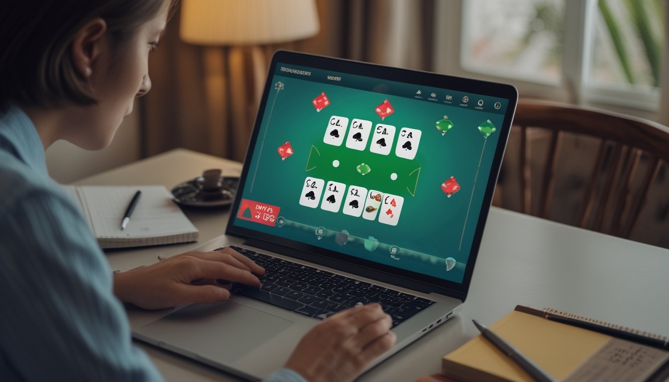 Seorang pemula mempelajari permainan poker online di laptop dengan kartu dan chip di meja.