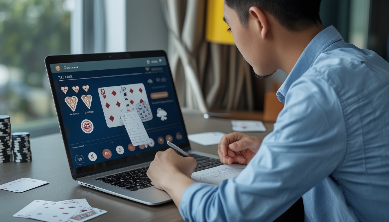 Seorang pemain pemula memeriksa situs poker di laptop sambil melihat catatan dan keping poker.