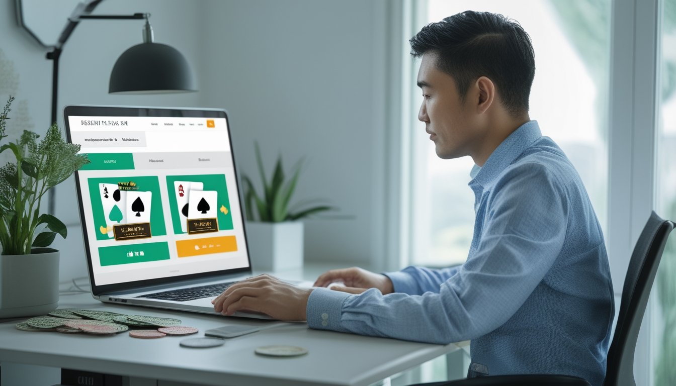 Seorang pria memeriksa situs poker di laptop di meja kerja.