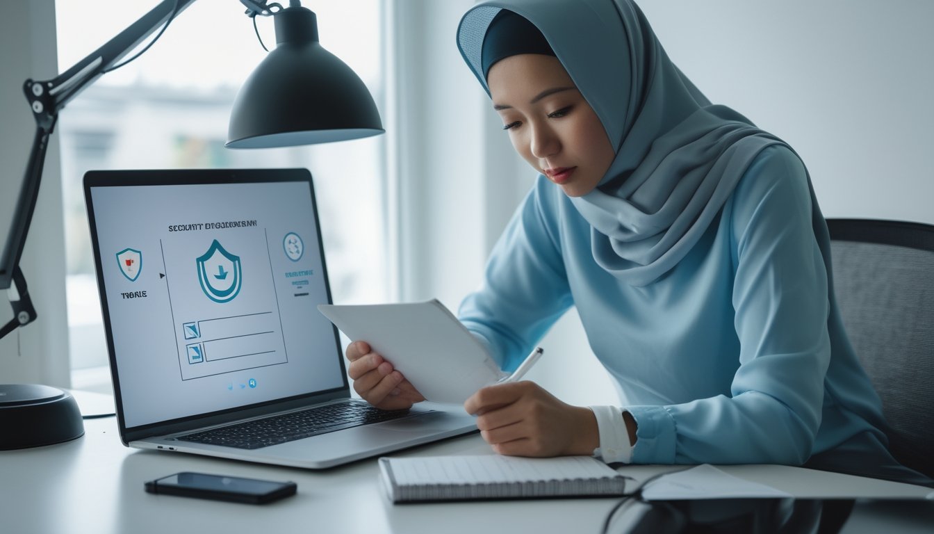 Seseorang memeriksa tampilan situs di laptop sambil mencatat dan membandingkan informasi di ponsel.