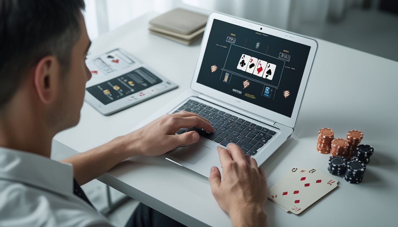 Seseorang mempelajari permainan poker di laptop dengan panduan aturan dan kartu di meja.