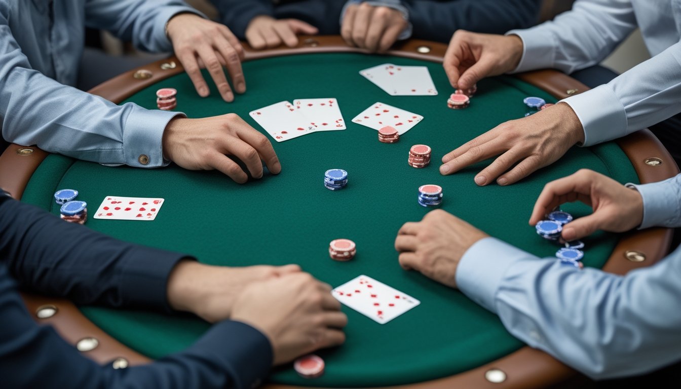 Beberapa orang bermain poker di meja hijau dengan kartu dan tumpukan chip.
