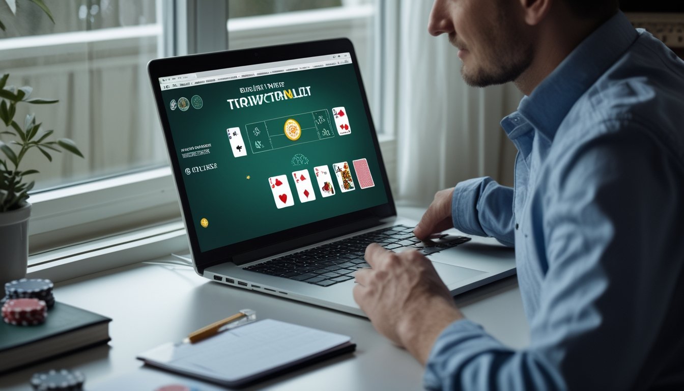 Seorang pemula mempelajari permainan poker di laptop dengan kartu dan keping poker di meja.