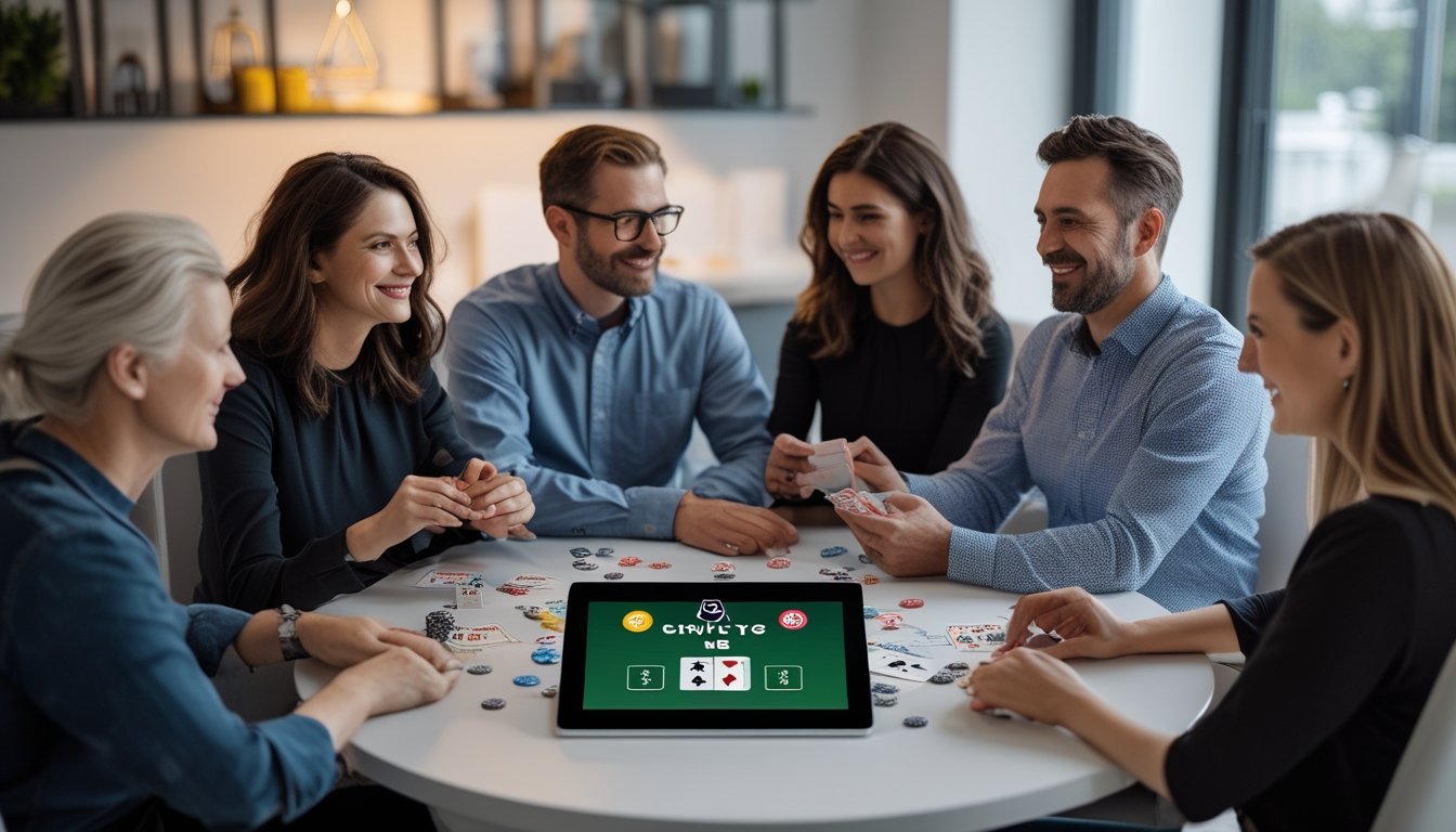 Sekelompok teman bermain poker dengan kartu dan keping di sekitar meja.