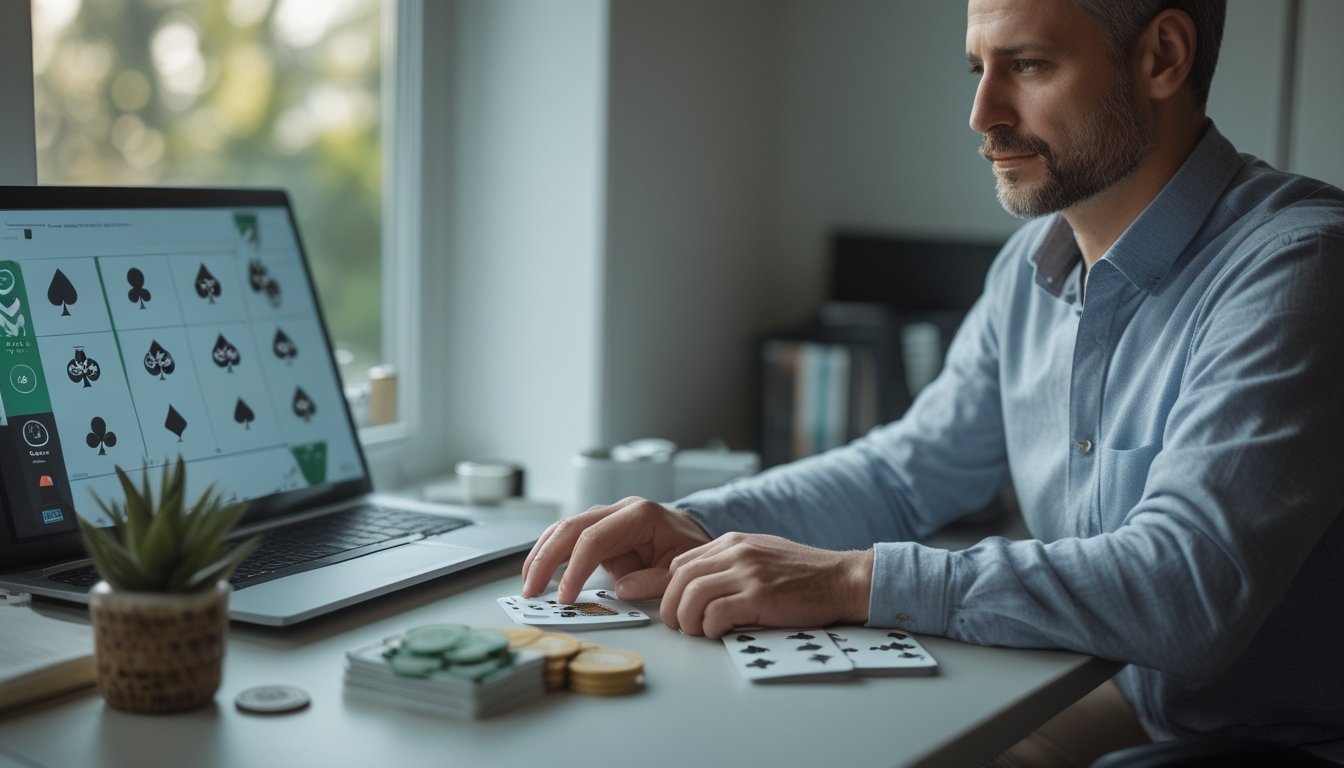 Seseorang meninjau permainan kartu daring di laptop dengan kartu dan keping permainan di atas meja.