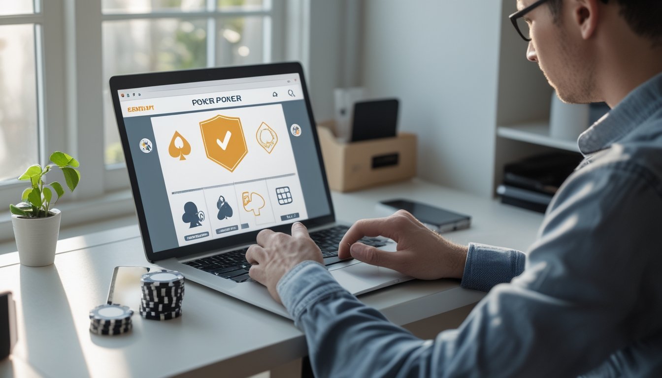 Seorang dewasa membandingkan platform poker di laptop dengan kartu dan keping poker di meja.