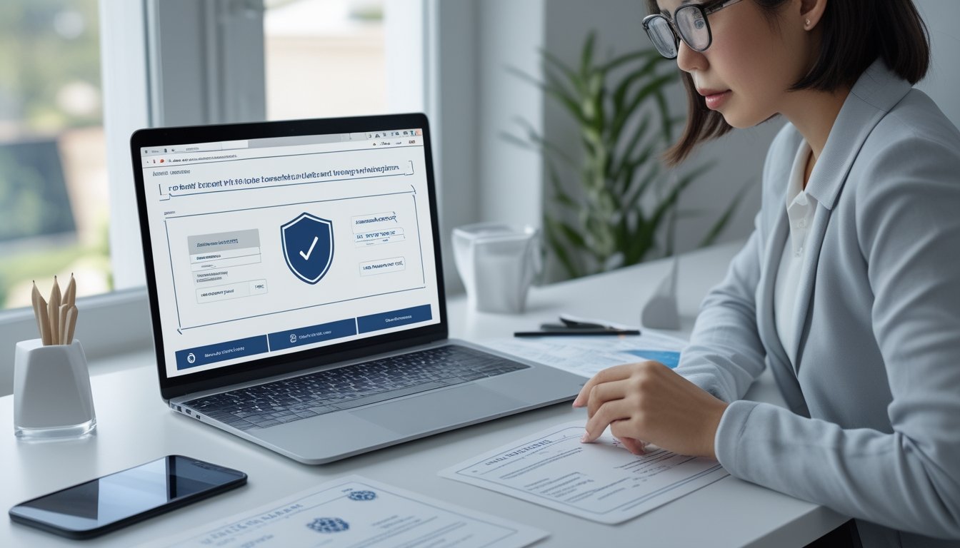 Seseorang memeriksa dokumen legalitas sambil melihat layanan daring di laptop.