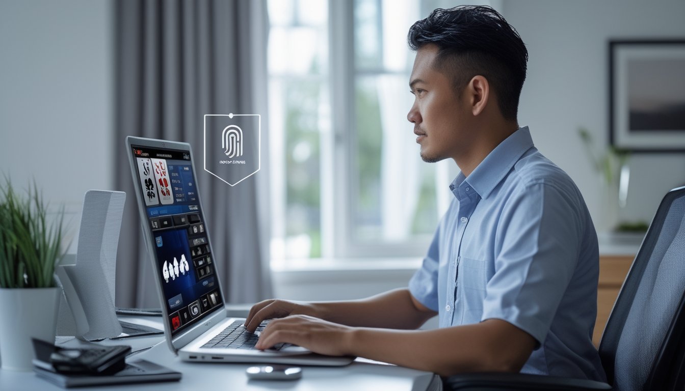 Seorang pria menggunakan laptop untuk bermain poker daring dengan ponsel dan kunci keamanan di meja.