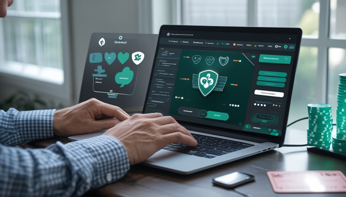Seorang pengguna memeriksa platform poker daring di laptop dengan ponsel dan simbol keamanan di dekatnya.