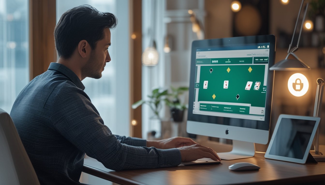 Seorang dewasa memainkan poker online di laptop dengan kartu dan keping poker di layar.