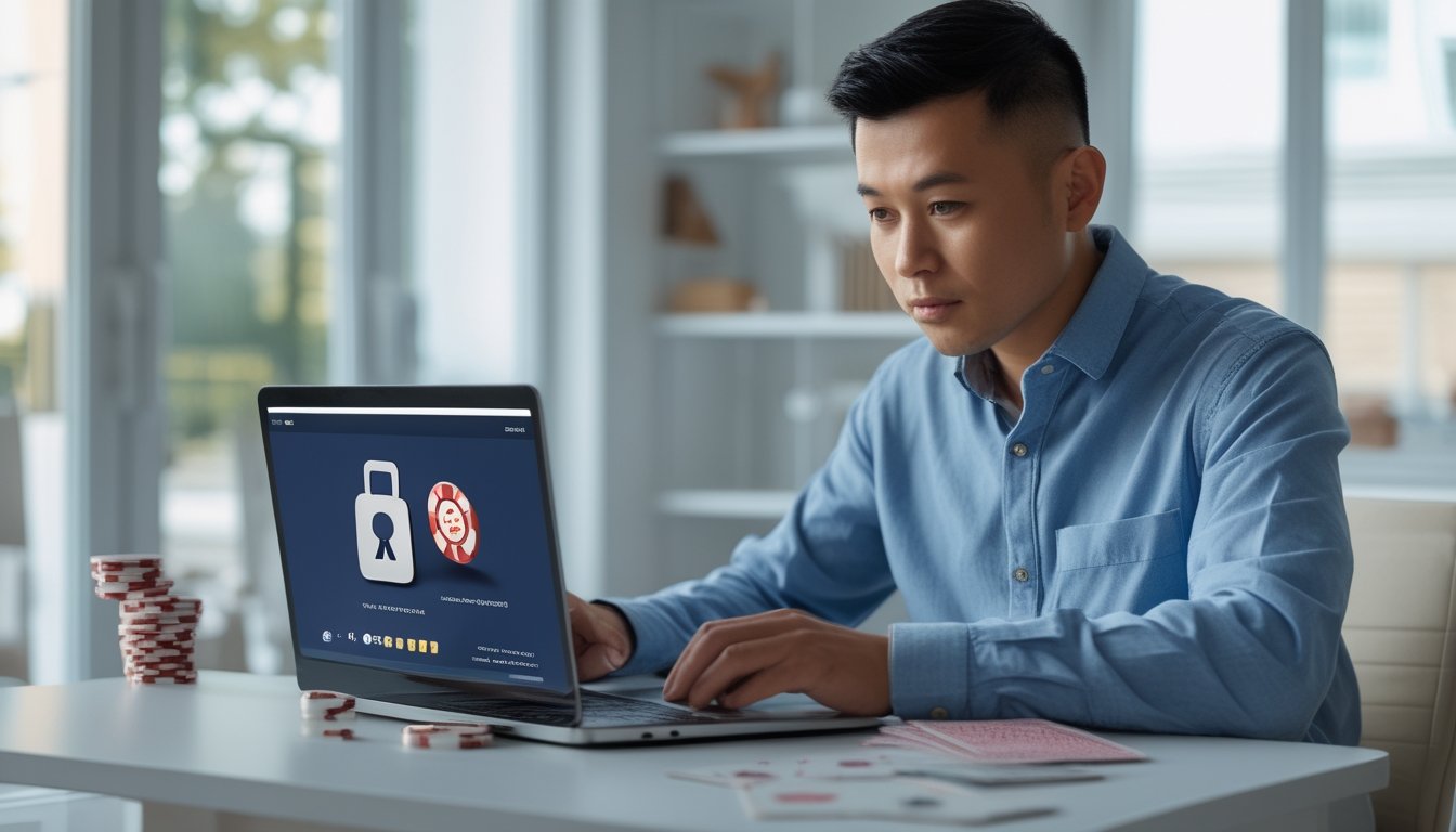Seorang pria memeriksa keamanan platform poker online melalui laptop dan ponsel.
