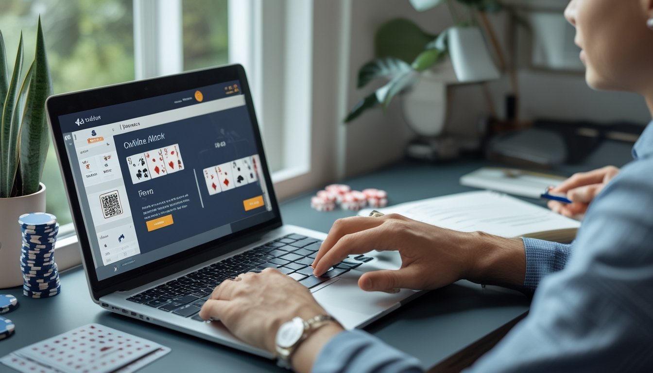 Seseorang mempelajari permainan poker di laptop dengan kartu, keping poker, kalkulator, dan buku catatan di meja.