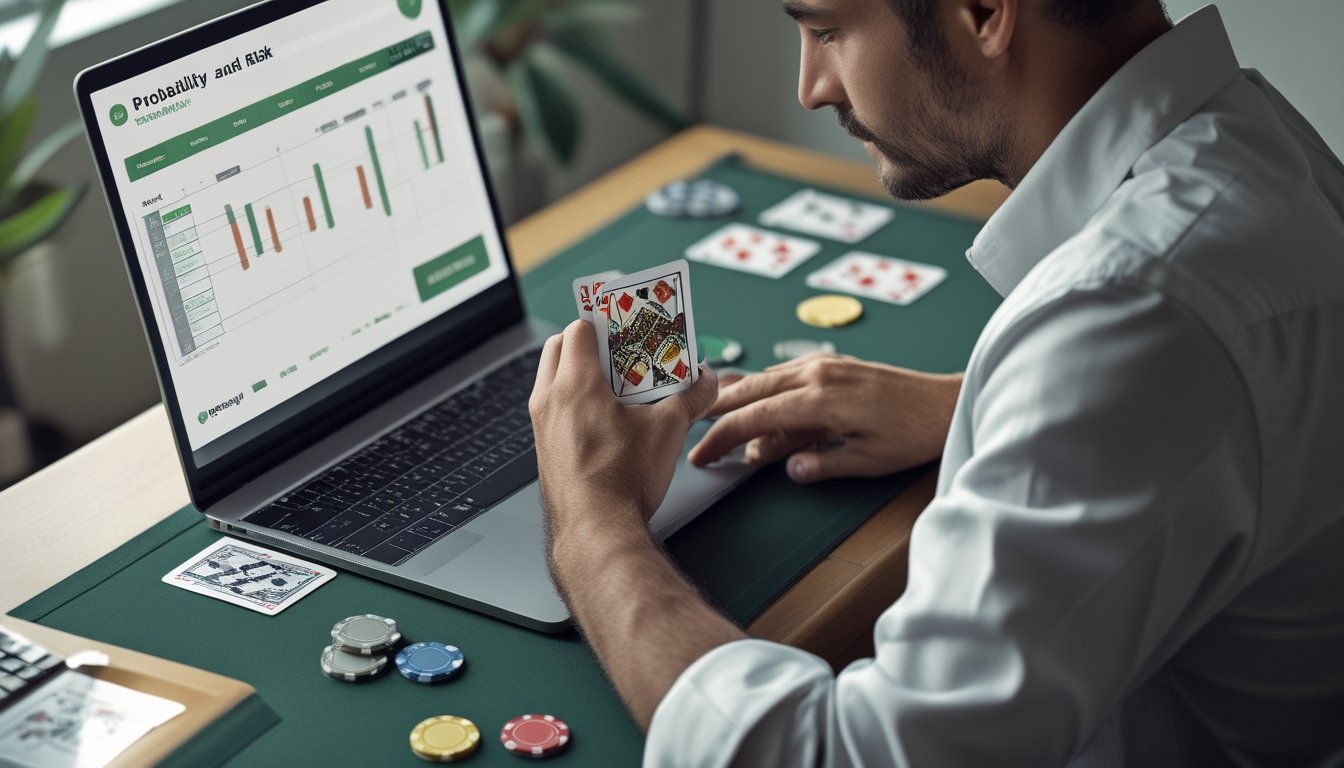 Seorang pemain mempelajari kartu dan keping poker di meja sambil melihat laptop.