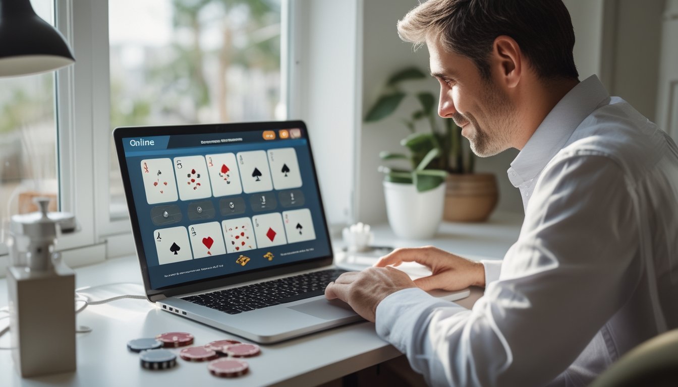 Seorang pemula mempelajari permainan poker online di laptop dengan kartu dan keping poker di meja.