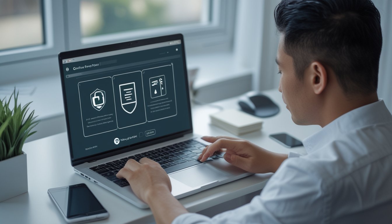 Seorang pria memeriksa keamanan platform poker online melalui laptop.
