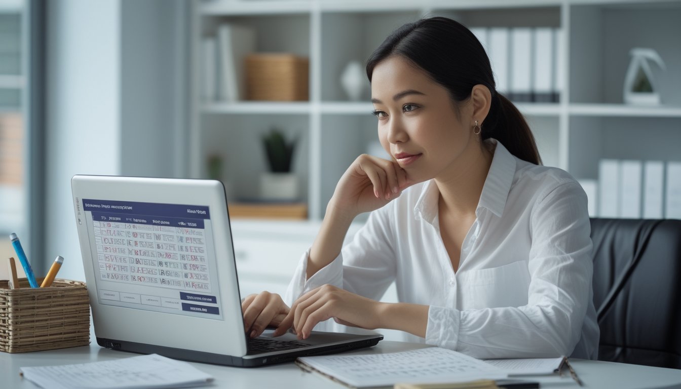 Seorang pemula mempelajari permainan togel online di laptop sambil mencatat di meja.