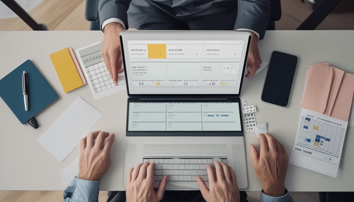 Seseorang menggunakan laptop dan ponsel di meja dengan kertas catatan.