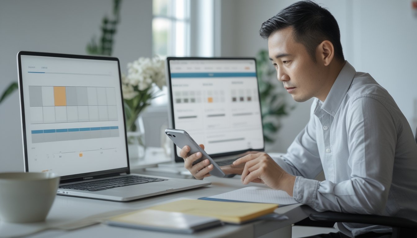 Seorang pengguna dewasa memeriksa ponsel dan laptop di meja.
