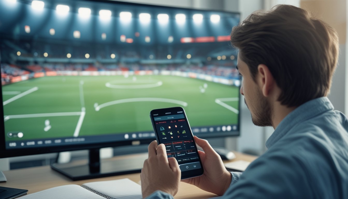 Seorang pemula mempelajari pertandingan sepak bola melalui ponsel sambil duduk di meja.