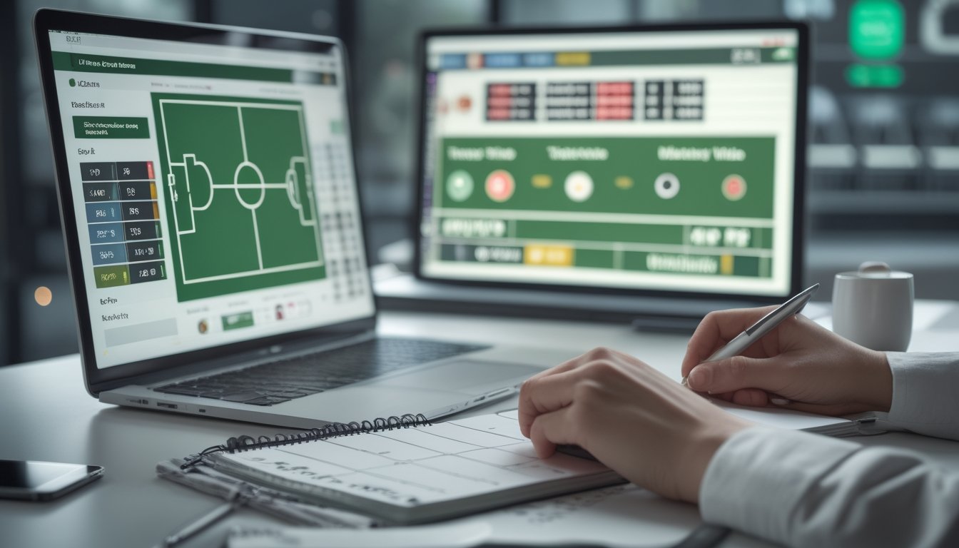 Seseorang membandingkan informasi pertandingan sepak bola di laptop dan ponsel sambil membuat catatan.