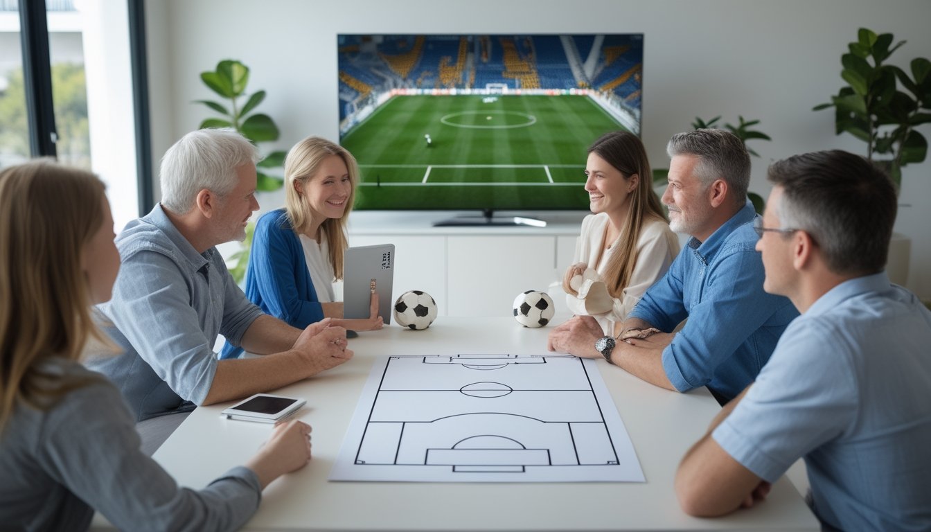 Sekelompok teman menyaksikan pertandingan sepak bola sambil mempelajari diagram lapangan di tablet.