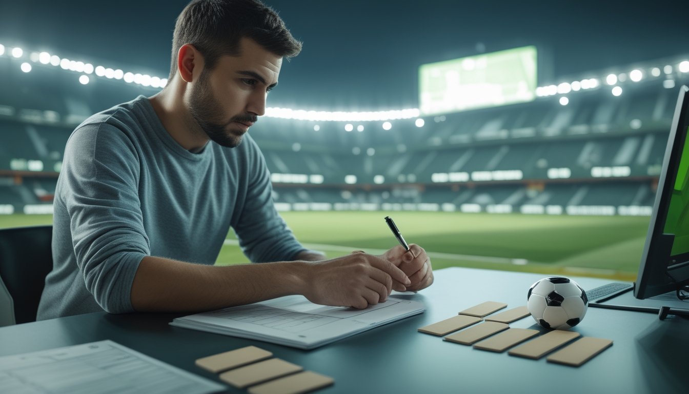 Seorang penggemar sepak bola mempelajari pilihan hasil pertandingan di meja sambil menonton laga di stadion.