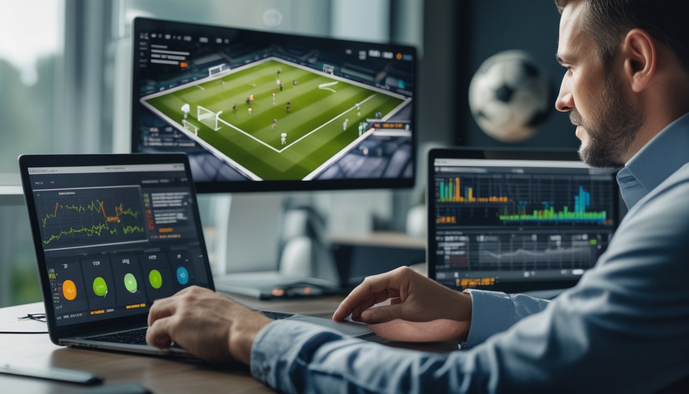 Seorang analis mempelajari pertandingan sepak bola dan statistik di layar.