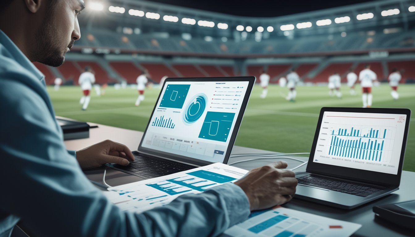 Seorang analis mengamati data pertandingan sepak bola di depan laptop dengan stadion di latar belakang.