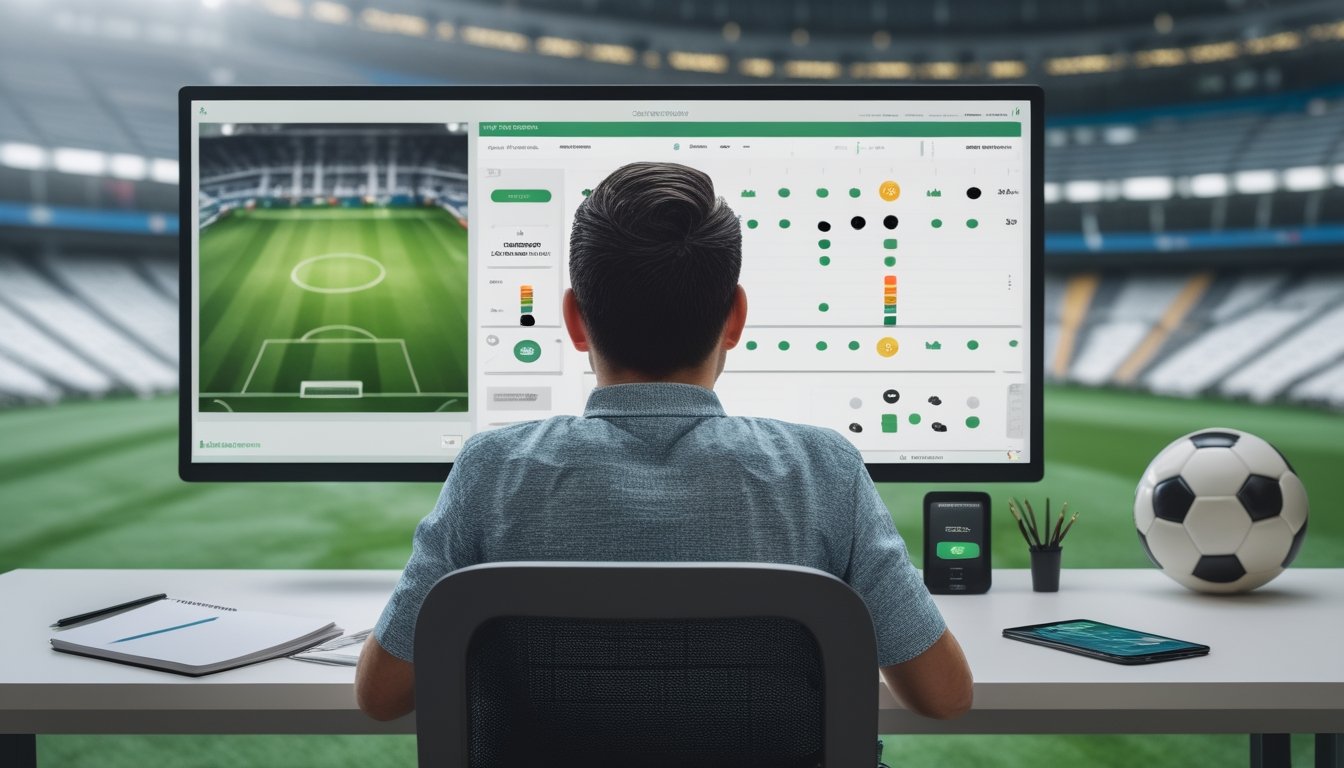 Seseorang mengamati pertandingan sepak bola dan grafik peluang di meja kerja.