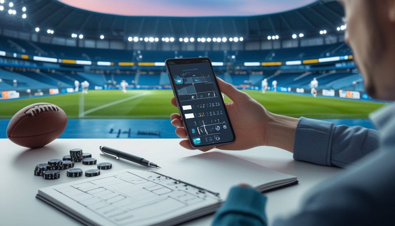 Seseorang memeriksa jadwal pertandingan sepak bola di ponsel di dekat stadion.