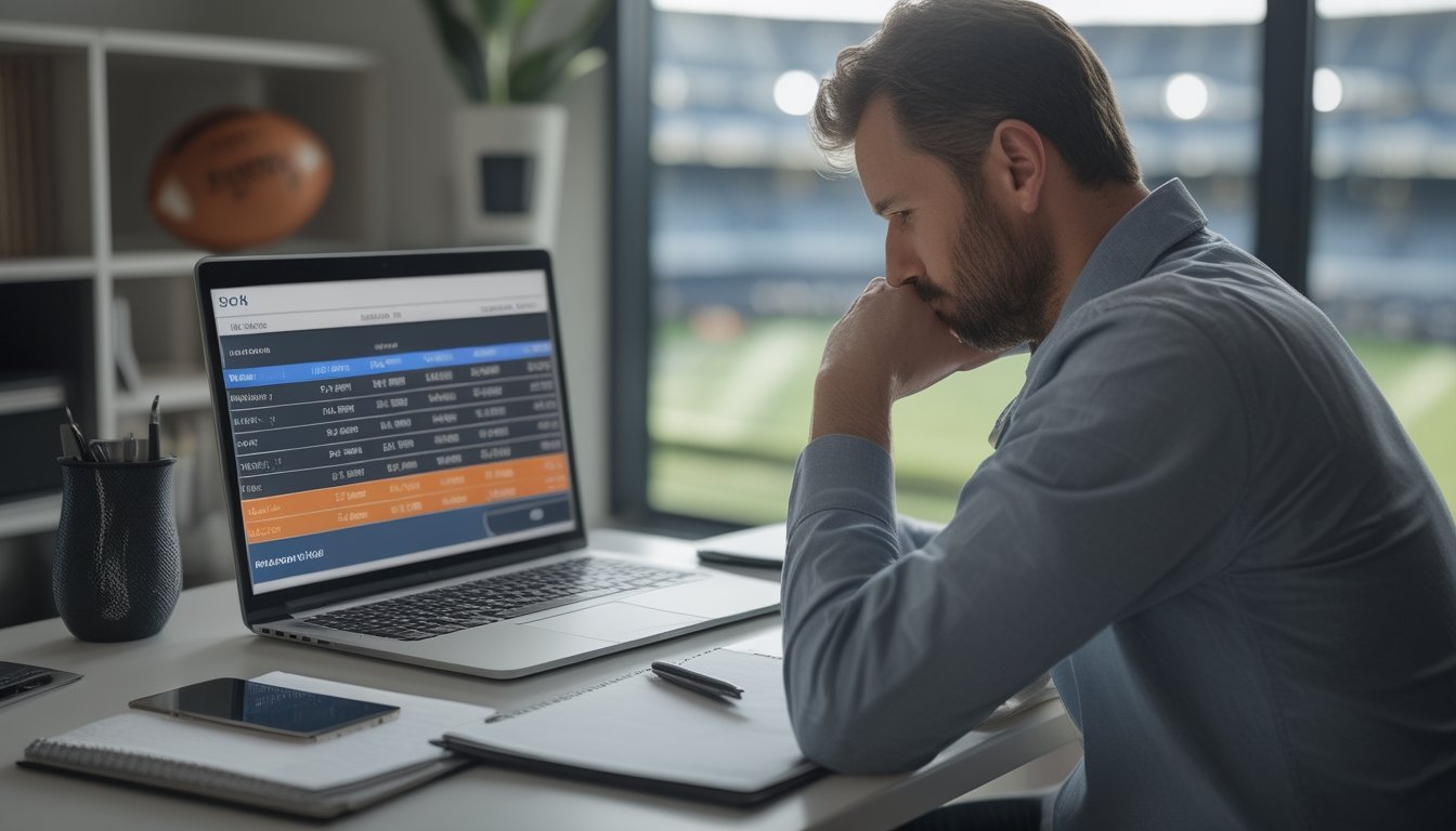 Seorang penggemar sepak bola memeriksa jadwal pertandingan di laptop dan ponsel.