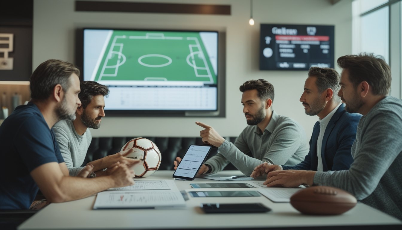 Sekelompok penggemar sepak bola dewasa mempelajari diagram lapangan dan statistik pertandingan bersama.