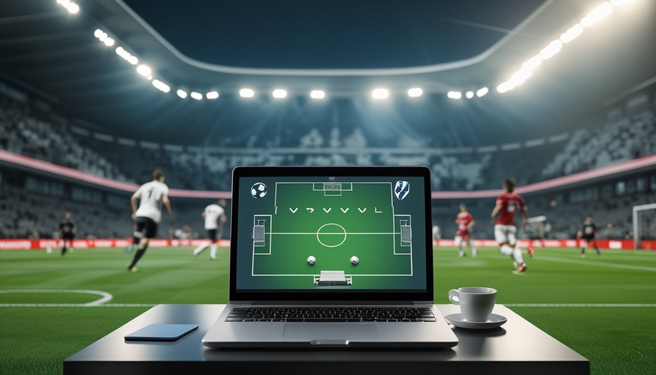 Pemain sepak bola bertanding di lapangan, dengan laptop di meja yang menampilkan diagram lapangan dan simbol analisis.