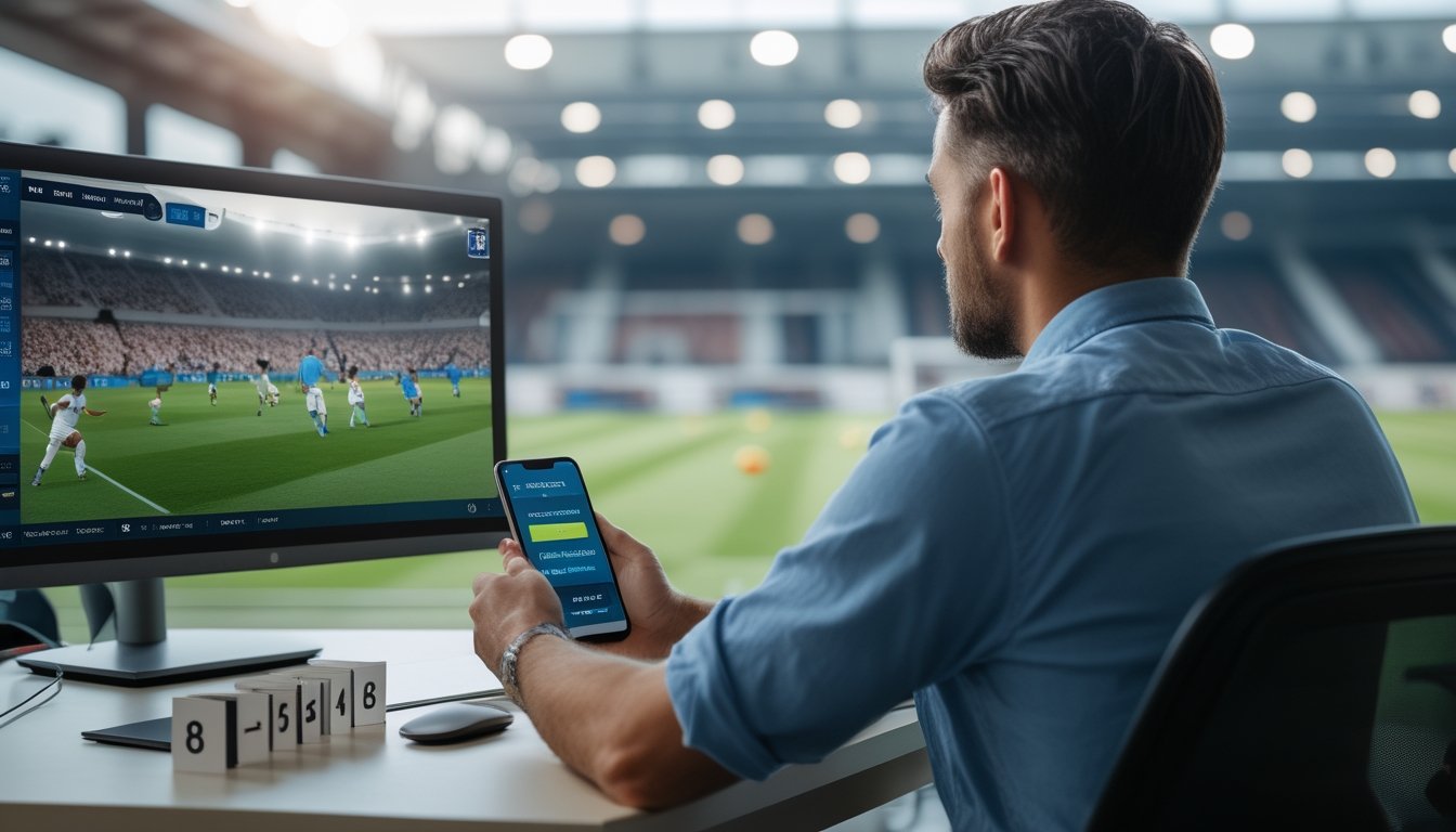 Seorang penggemar sepak bola melihat pertandingan di monitor sambil memeriksa ponsel di meja.