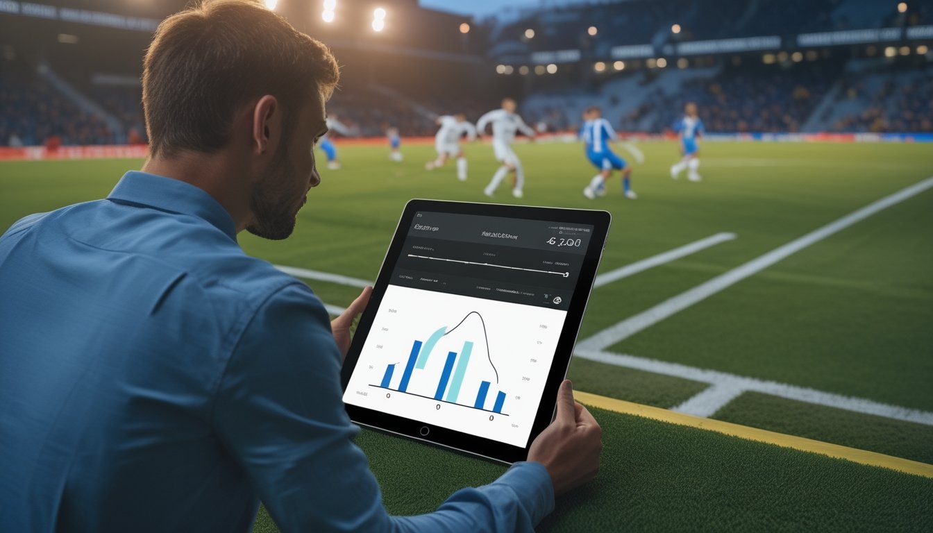 Seorang analis mengamati pertandingan sepak bola sambil mempelajari grafik peluang di tablet.