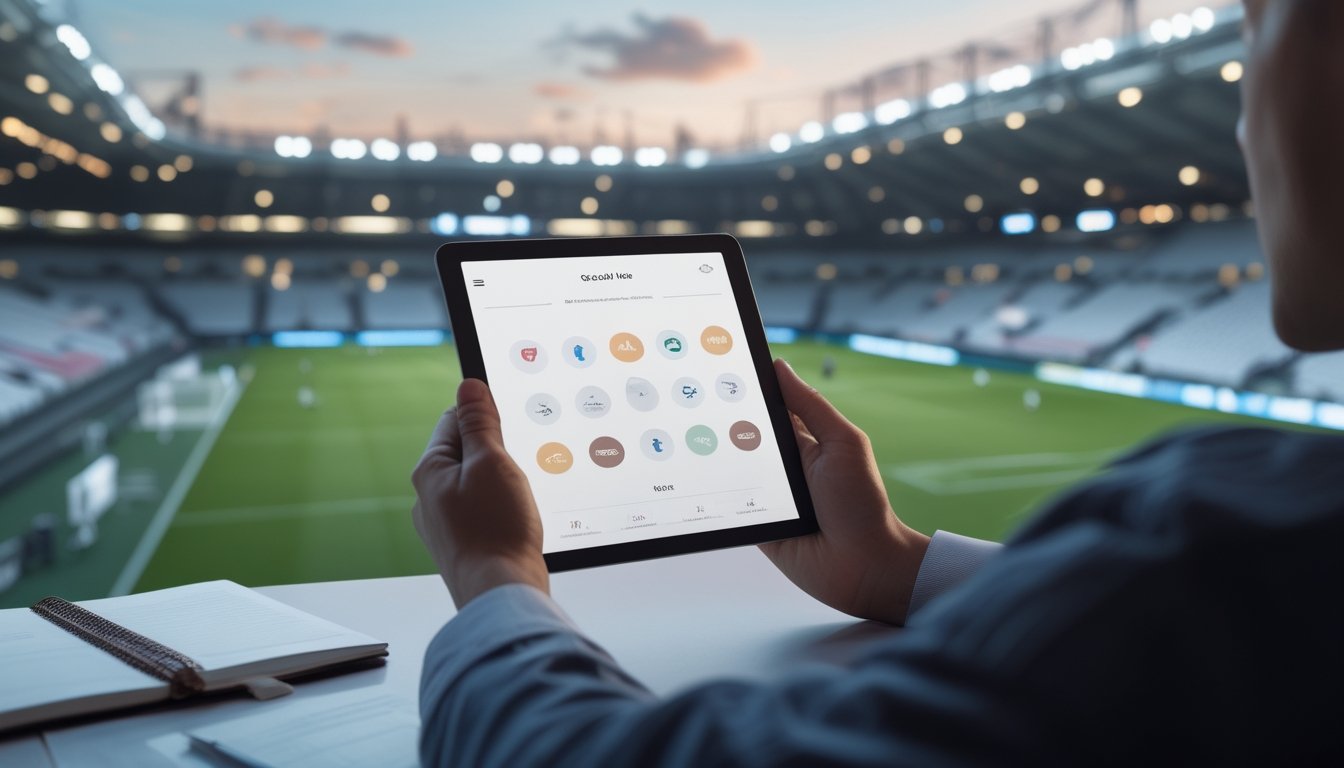Seseorang mempelajari simbol pasar taruhan sepak bola di tablet dengan latar stadion.