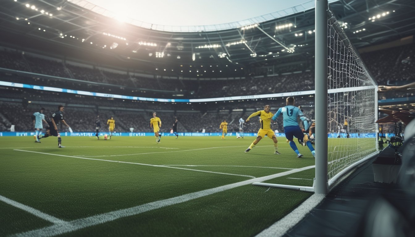 Pemain sepak bola mencetak gol saat kiper dan pemain bertahan bereaksi di depan gawang.
