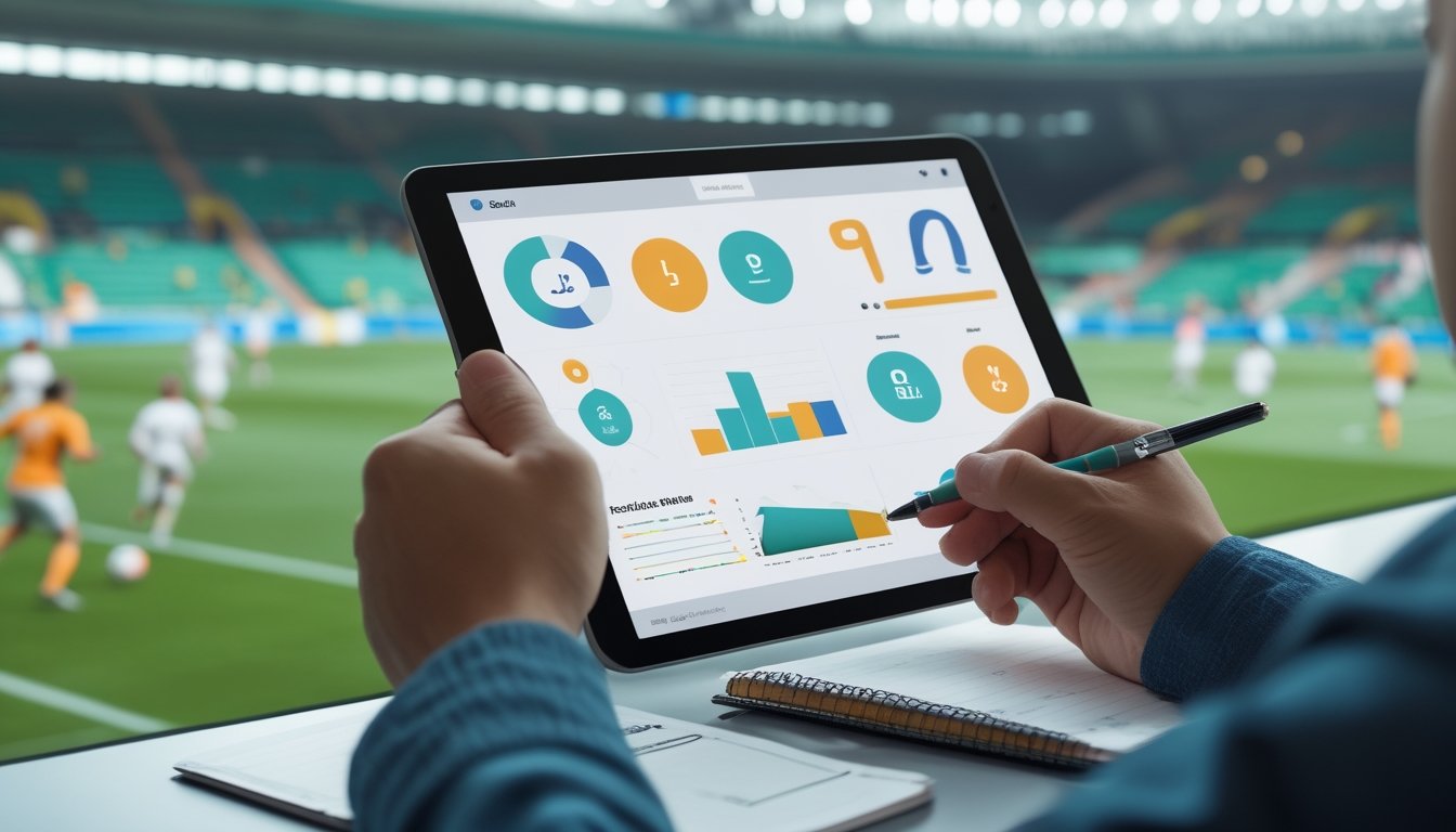 Seseorang melihat grafik statistik sepak bola di tablet saat pertandingan berlangsung di stadion.