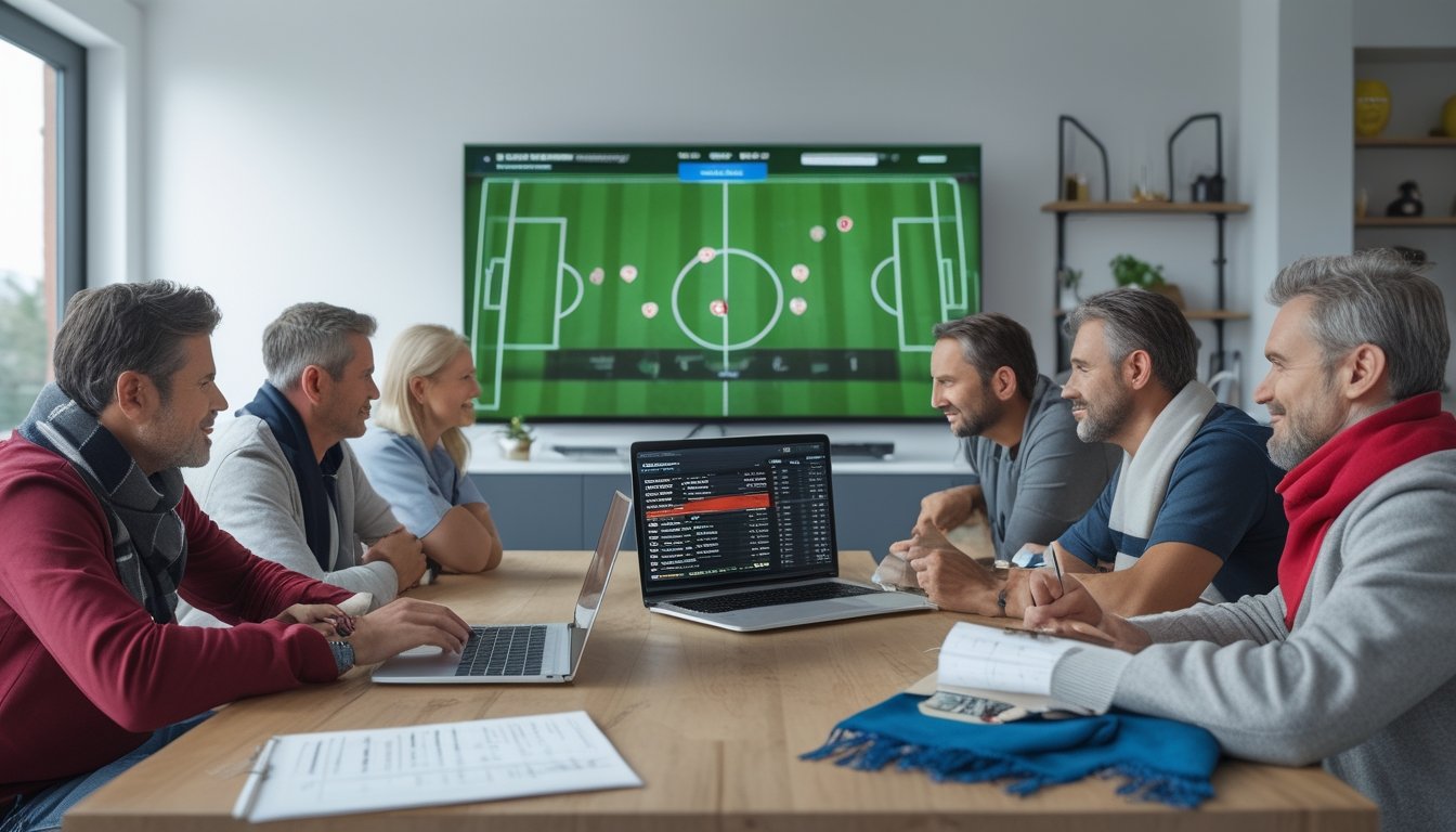Sekelompok penggemar sepak bola menonton pertandingan sambil membahas statistik di sekitar meja.