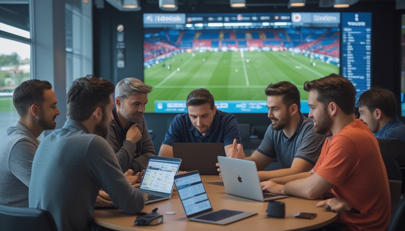 Sekelompok penggemar sepak bola membandingkan statistik pertandingan di perangkat digital sambil menonton laga.